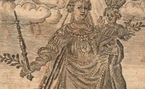Maria mit Kind und Szepter, beide bekrönt (’Patronin des Friedens’). 17. Jh., Kupferstich auf Leinen geklebt, Ränder beschnitten.© Kunstreferat
